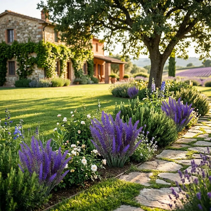 Artificial lavender bundles planted along stone garden path of Tuscan-style countryside estate, UV-resistant outdoor garden decoration