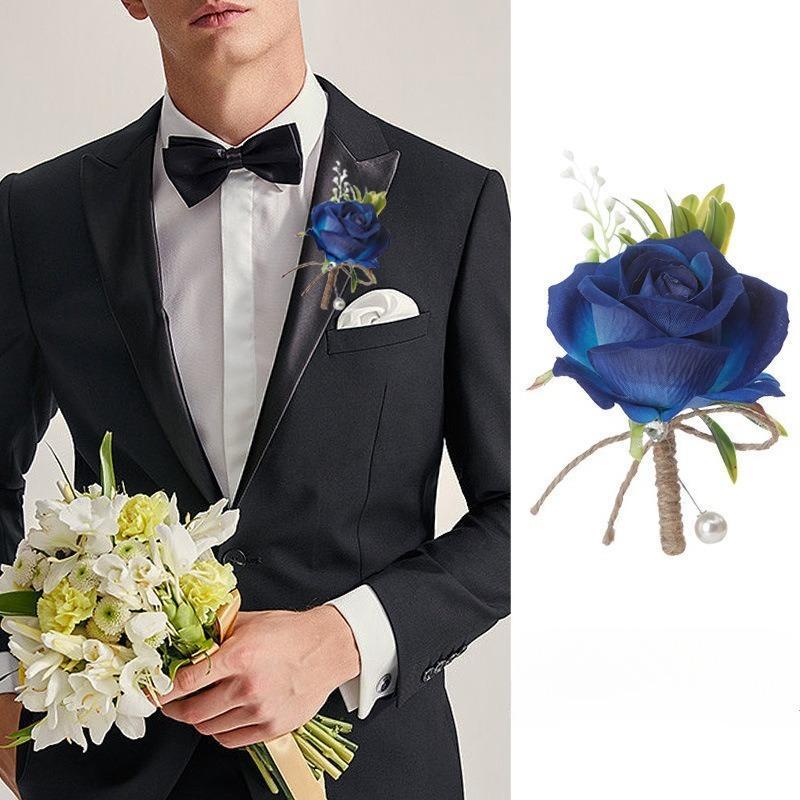 Groom & Groomsmen Boutonniere Brooch Set of 4 | Faux Pearl Wedding Lapel Flowers in Beige Red White Blue