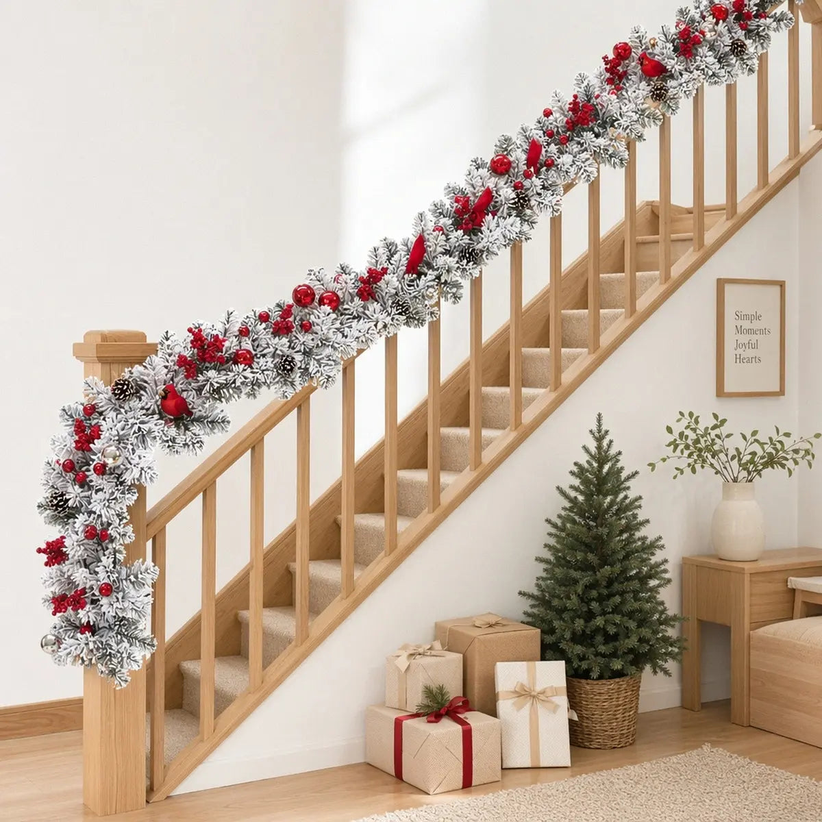 47 Inch Artificial Christmas Garland with Pine Cones and Berries on Staircase Banister
