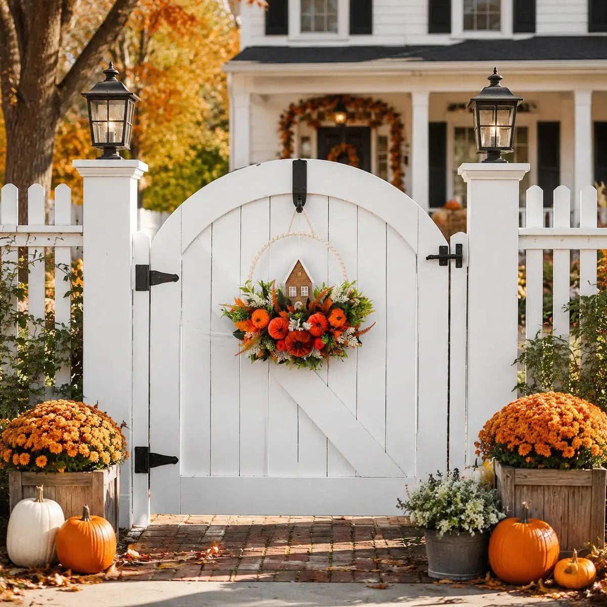 Autumn pumpkin fall wreath with berries hanging on a white front door with pumpkins on porch steps