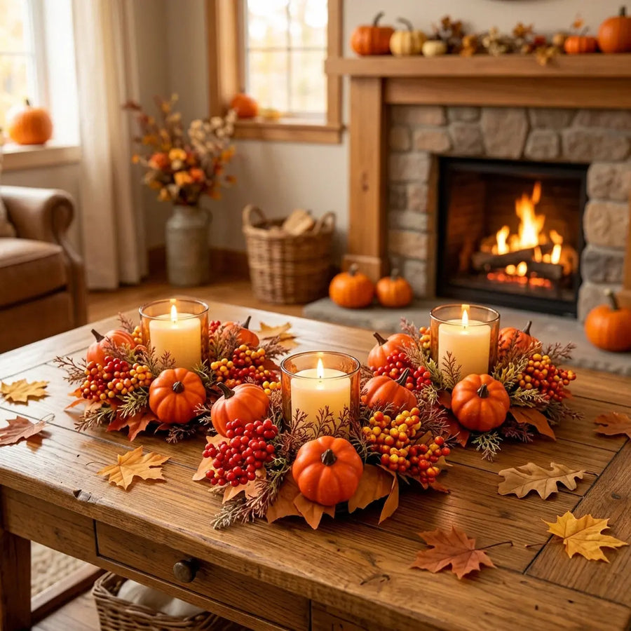 Fall Maple Leaf Pumpkin Candle Rings – 4-Piece Set, 10.24in