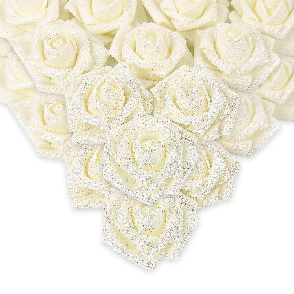 Glitter Foam Roses with Stems 25pcs | Wedding Bridal Bouquet Valentine's Day Party & Home Decor in Gold Silver