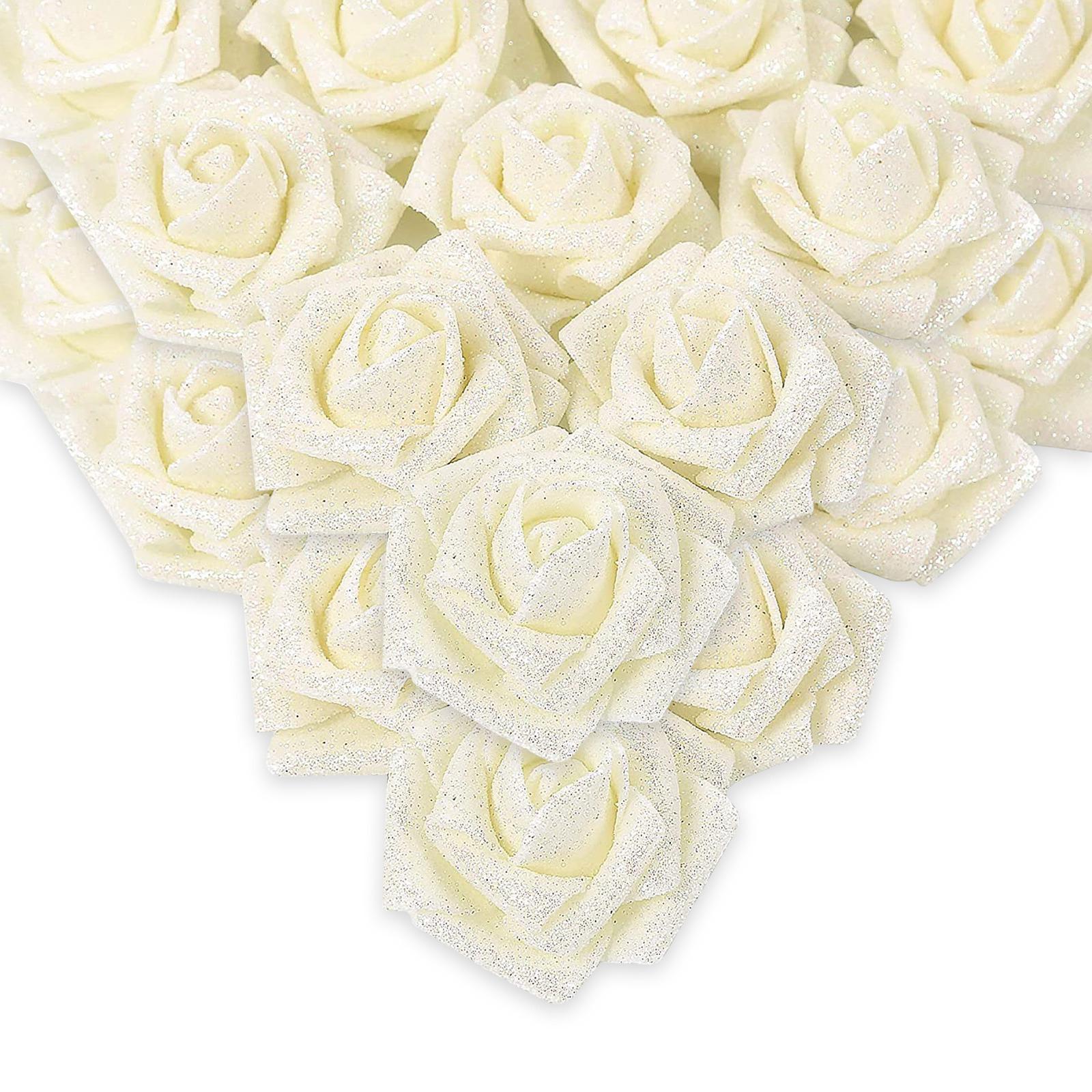 Glitter Foam Roses with Stems 25pcs | Wedding Bridal Bouquet Valentine's Day Party & Home Decor in Gold Silver