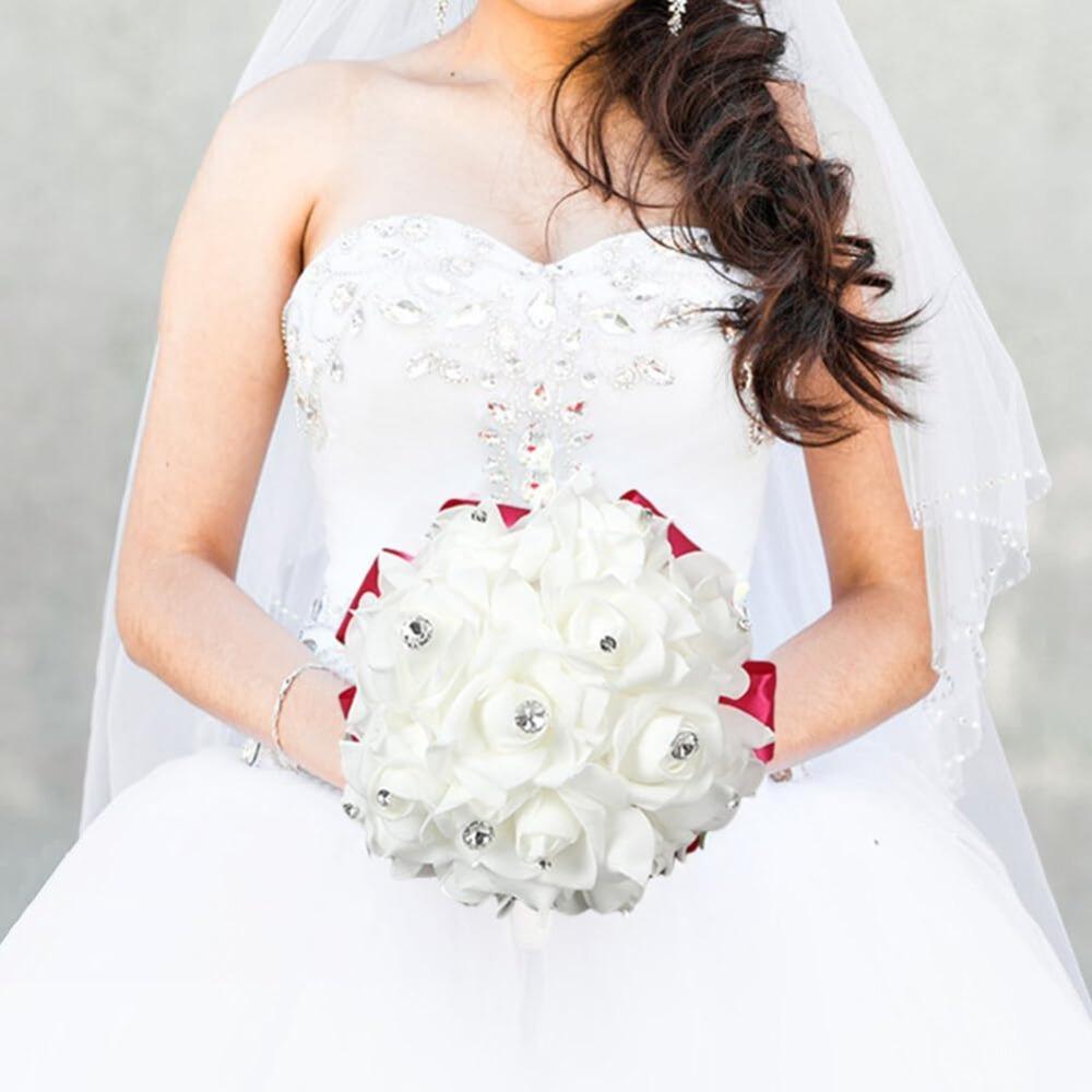Crystal Diamond Rose Bridal Bouquet | Wedding Bride Bridesmaid Church & Party in Ivory White