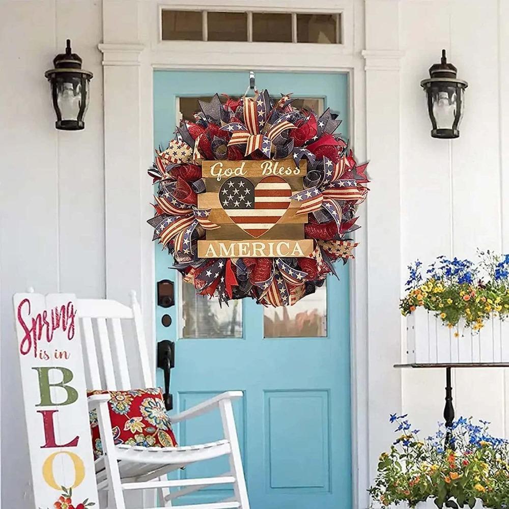 4th of July Wreath for Front Door | Patriotic American Flag Burlap Design in Red White Blue Farmhouse Decor