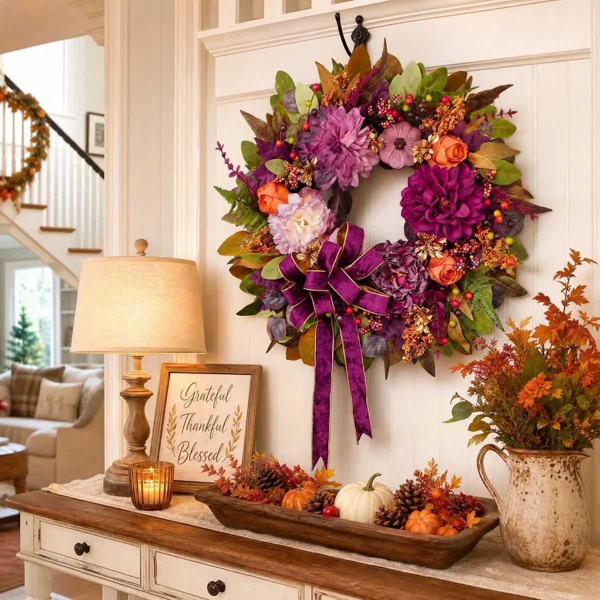 Purple Rose Mixed Fall Wreath with Maple Leaves & Ribbon