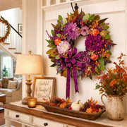 Purple Rose Mixed Fall Wreath with Maple Leaves & Ribbon