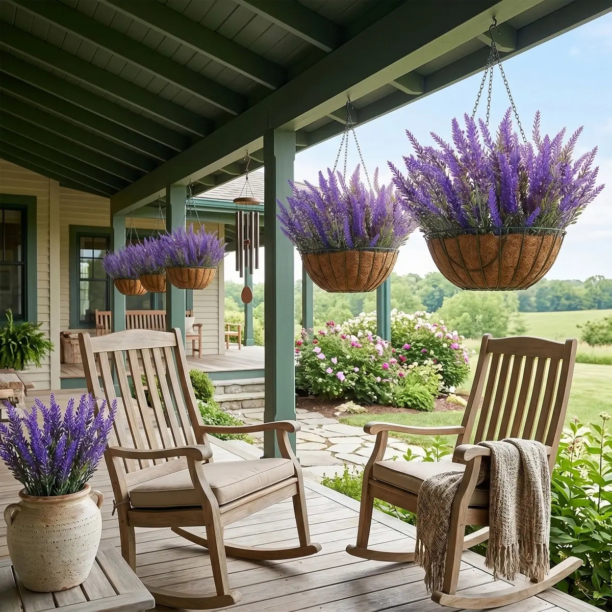 Multiple artificial lavender bundles in coco-lined hanging baskets on farmhouse porch ceiling with rocking chairs, outdoor home décor