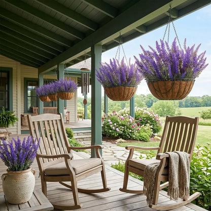 Multiple artificial lavender bundles in coco-lined hanging baskets on farmhouse porch ceiling with rocking chairs, outdoor home décor