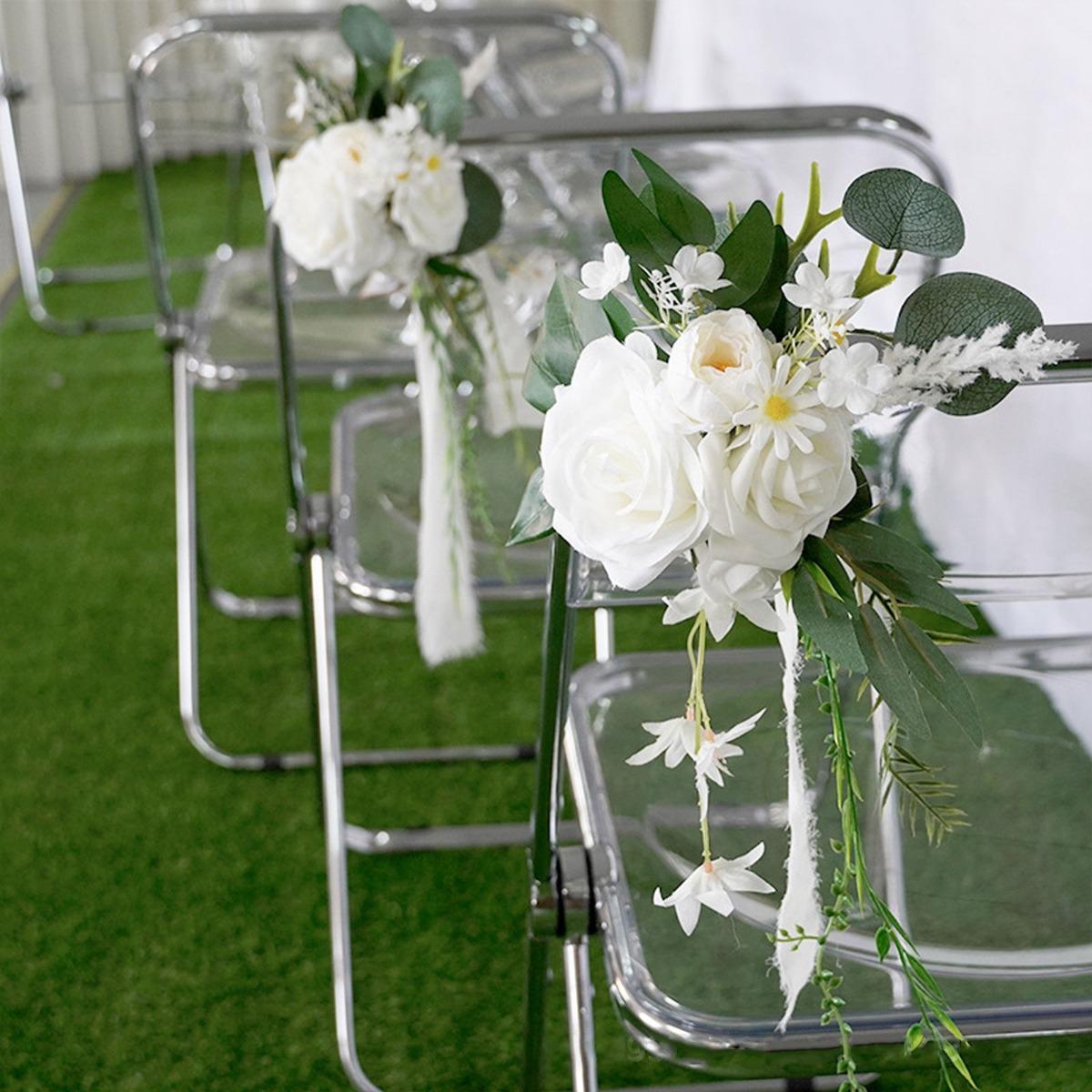 Artificial Flower Chair Decorations with Chiffon Ribbons 4pcs | Wedding Ceremony Banquet & Party Chair Decor in 10 Colors