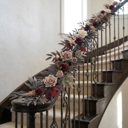 70.87 Inch Black Maroon Rose Garland Draped on Staircase Banister – Gothic Halloween Wedding Decor
