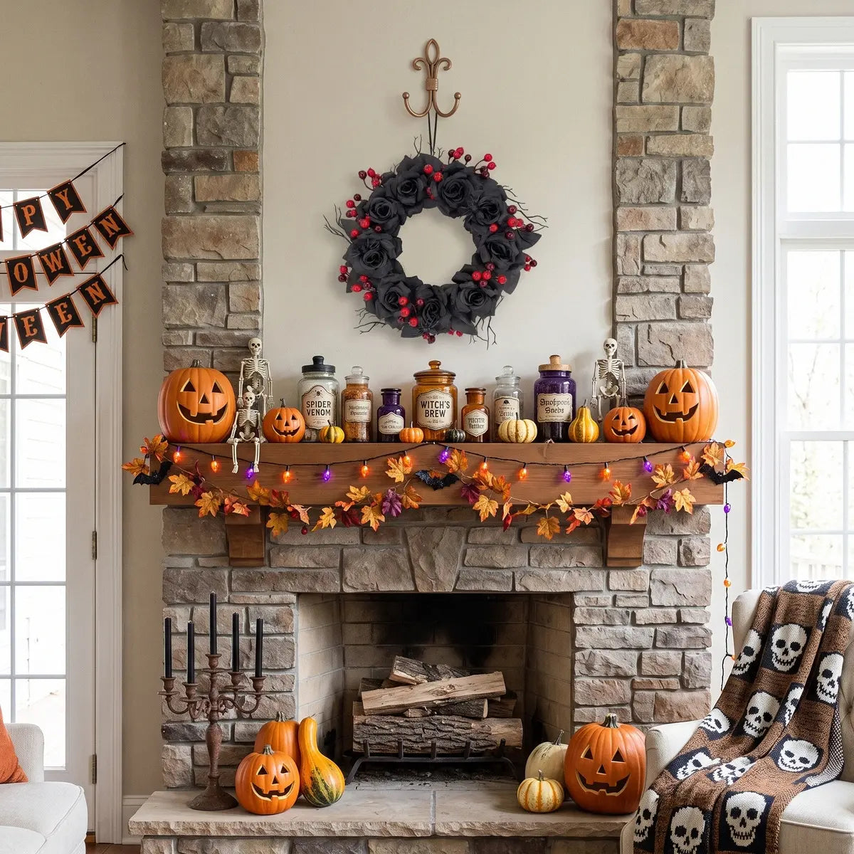 Gothic Halloween wreath with black roses and red berries styled on a porch mantel with pumpkins for Halloween party decor
