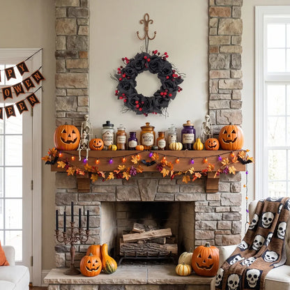 Gothic Halloween wreath with black roses and red berries styled on a porch mantel with pumpkins for Halloween party decor
