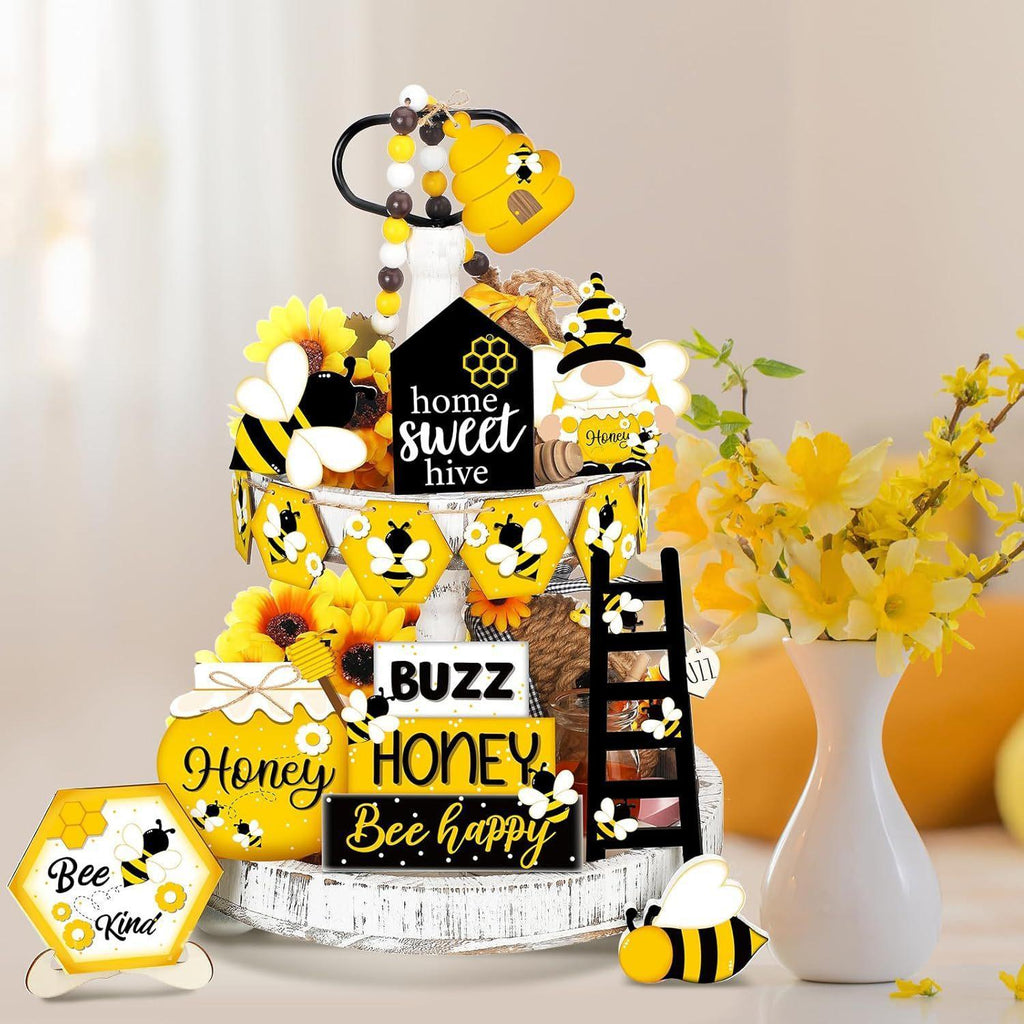 Summer Tiered Tray Decor Set | Honey Bee Gnome Wooden Signs & Yellow Truck for Farmhouse Kitchen Home Party