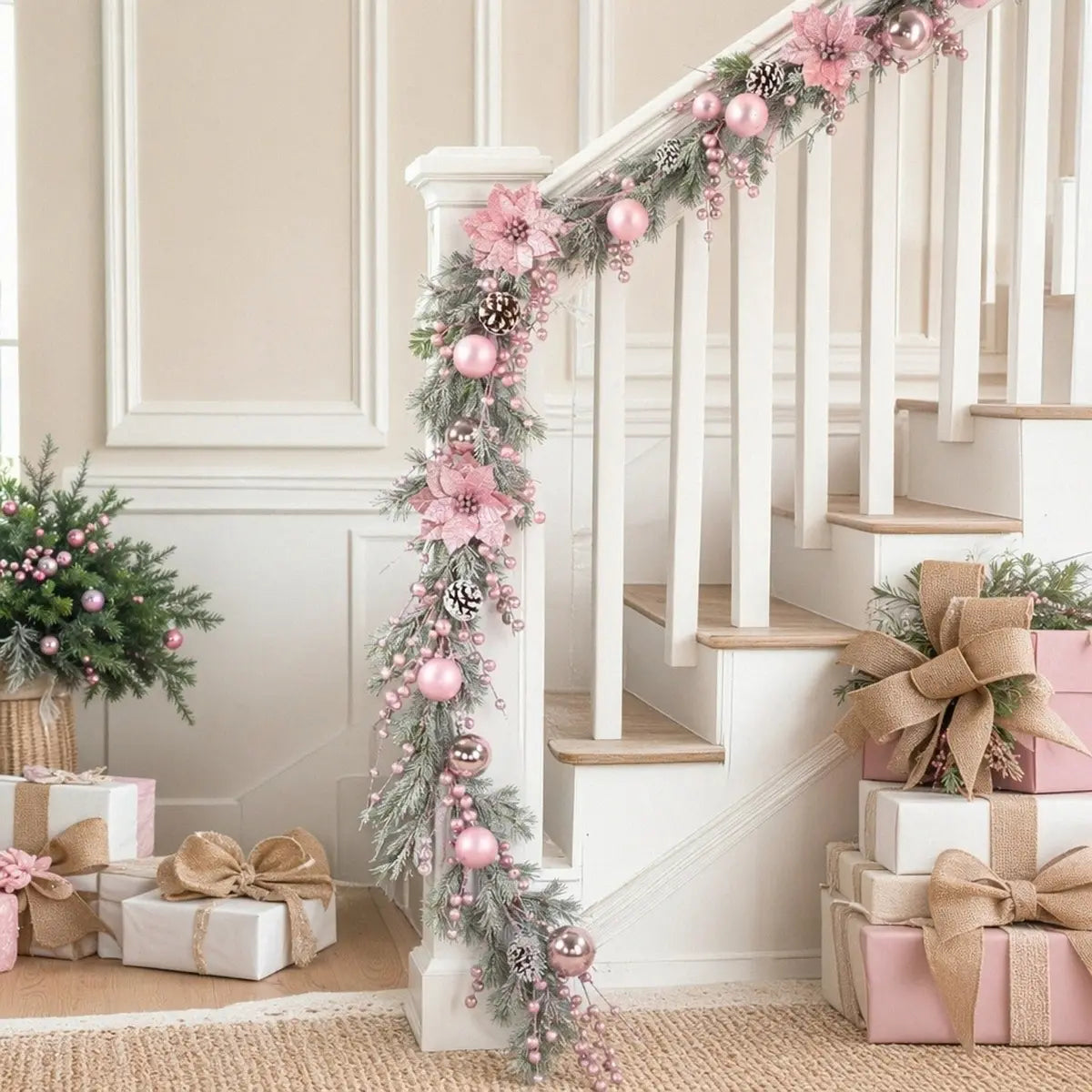 Pink Artificial Christmas Garland with Ornaments Draped on Staircase Banister
