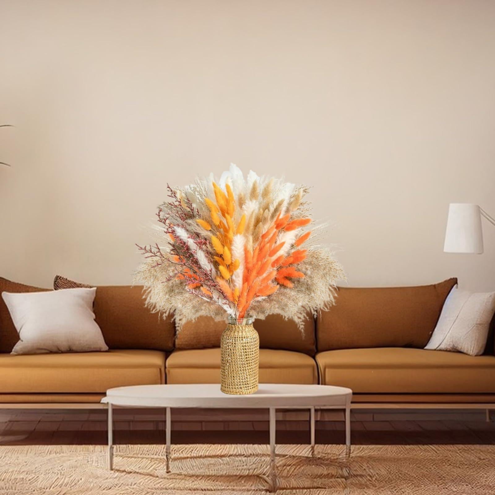 Dried Natural Pampas Grass 100pcs Boho Bouquet | Fall Thanksgiving Wedding Home & Party Decor in Orange