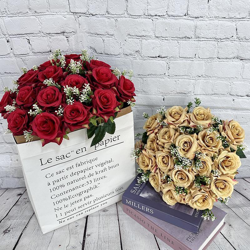 18-Head Artificial Ice Heart Corner Rose Bouquet | Valentine's Day Wedding Home Desktop & DIY Decor in Red Pink White Yellow