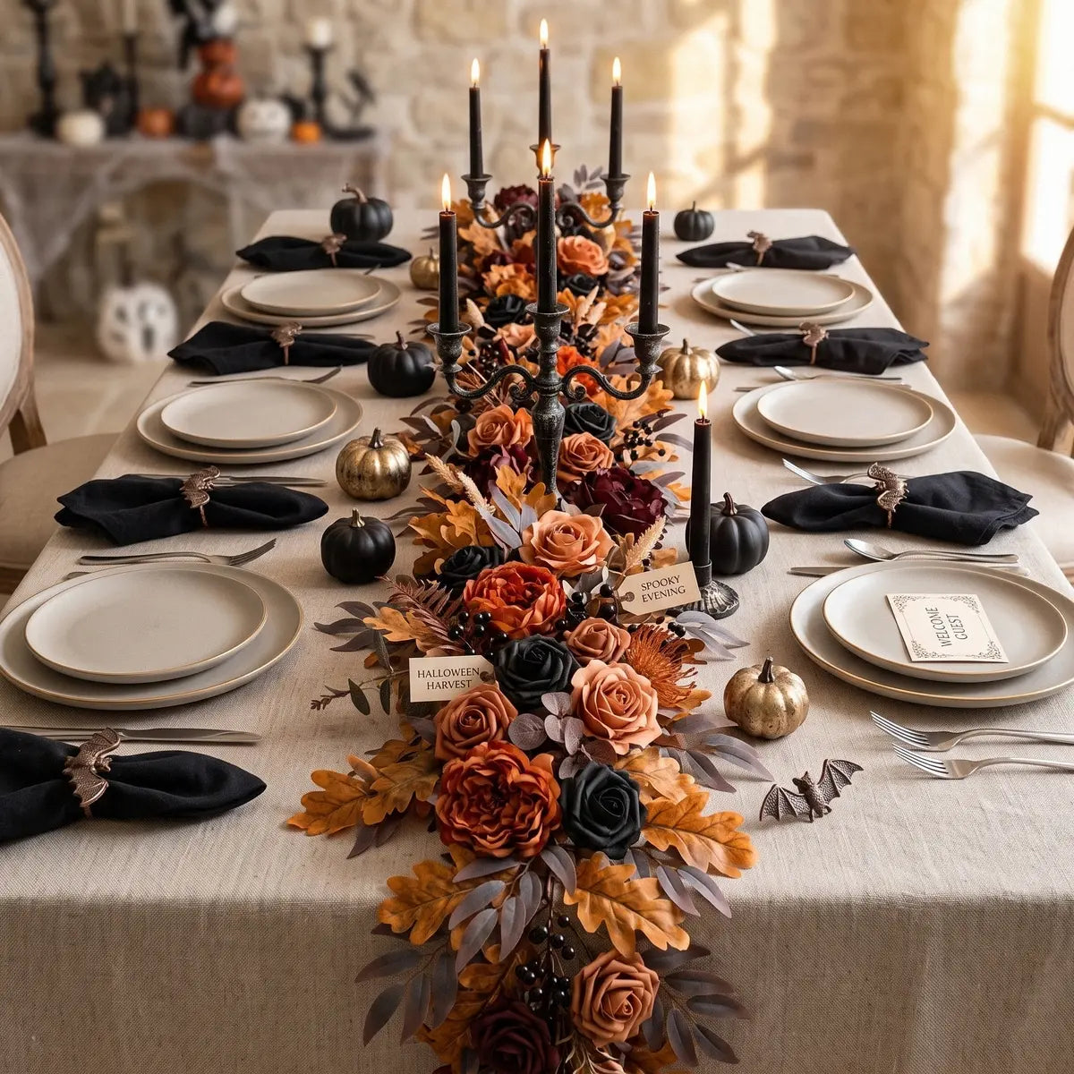 5.9FT artificial eucalyptus floral garland styled as fall wedding table centerpiece with candles and seasonal decor