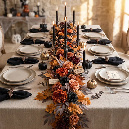 5.9FT artificial eucalyptus floral garland styled as fall wedding table centerpiece with candles and seasonal decor