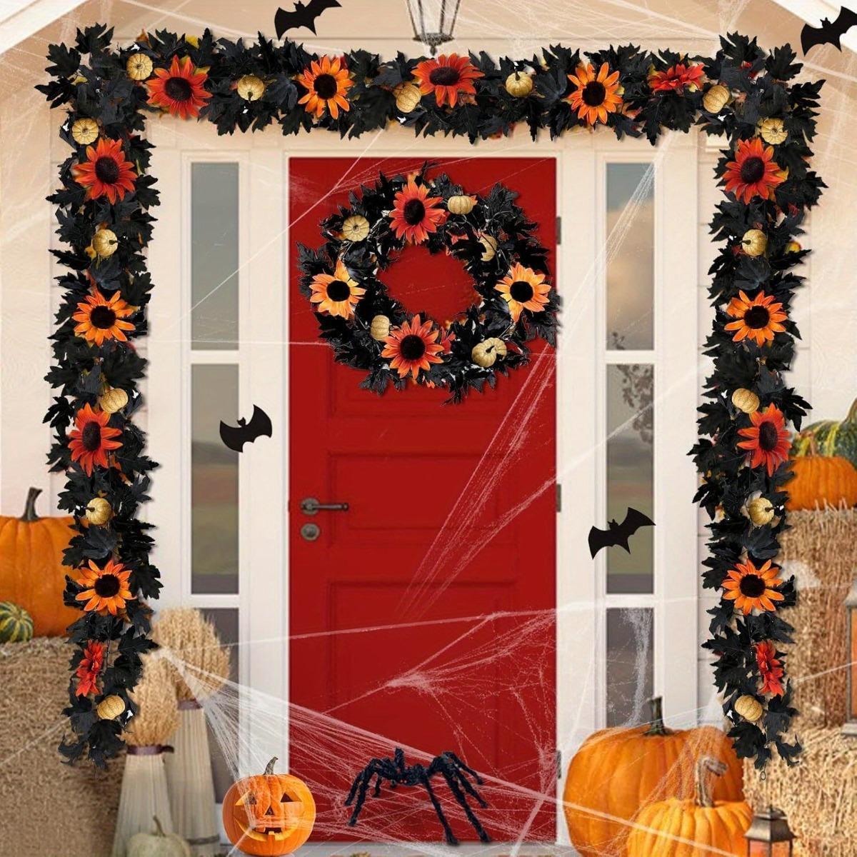 Black Halloween Garland | Artificial Maple Leaf Sunflower Pumpkin Vine for Fireplace Door Mantel & Party Decor in Yellow Orange