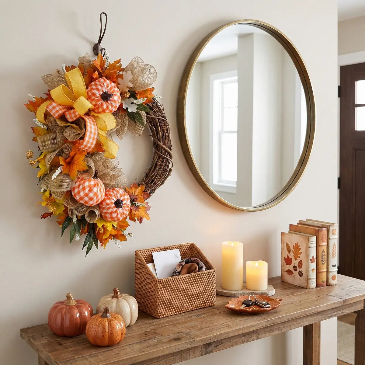 Fall pumpkin wreath with gingham ribbon and autumn leaves hanging on entryway wall above farmhouse console table with candles and pumpkins