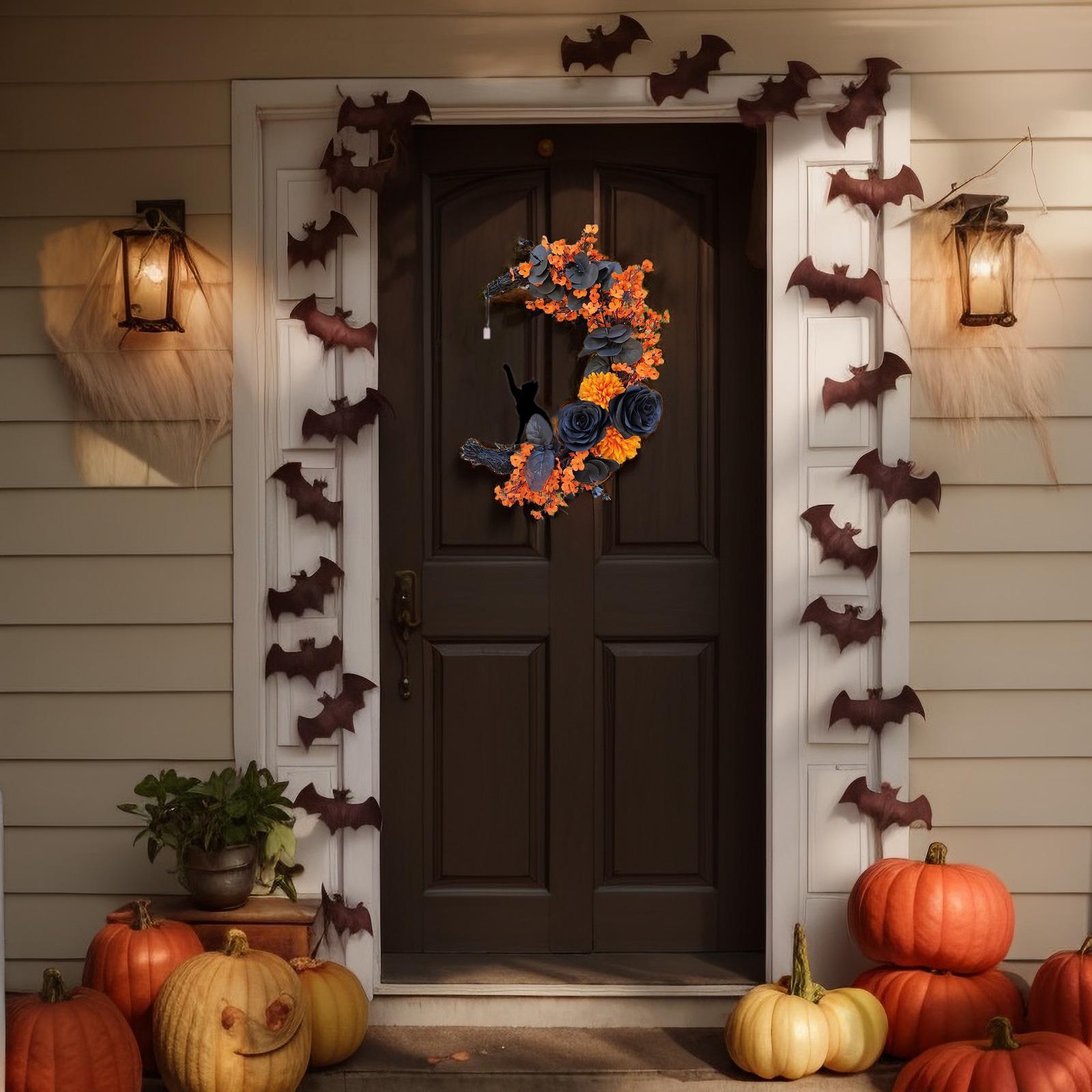 Halloween Bat Black Branch Glowing Wreath | Faux Floral Round Front Door Wall & Party Decor in Orange Purple White