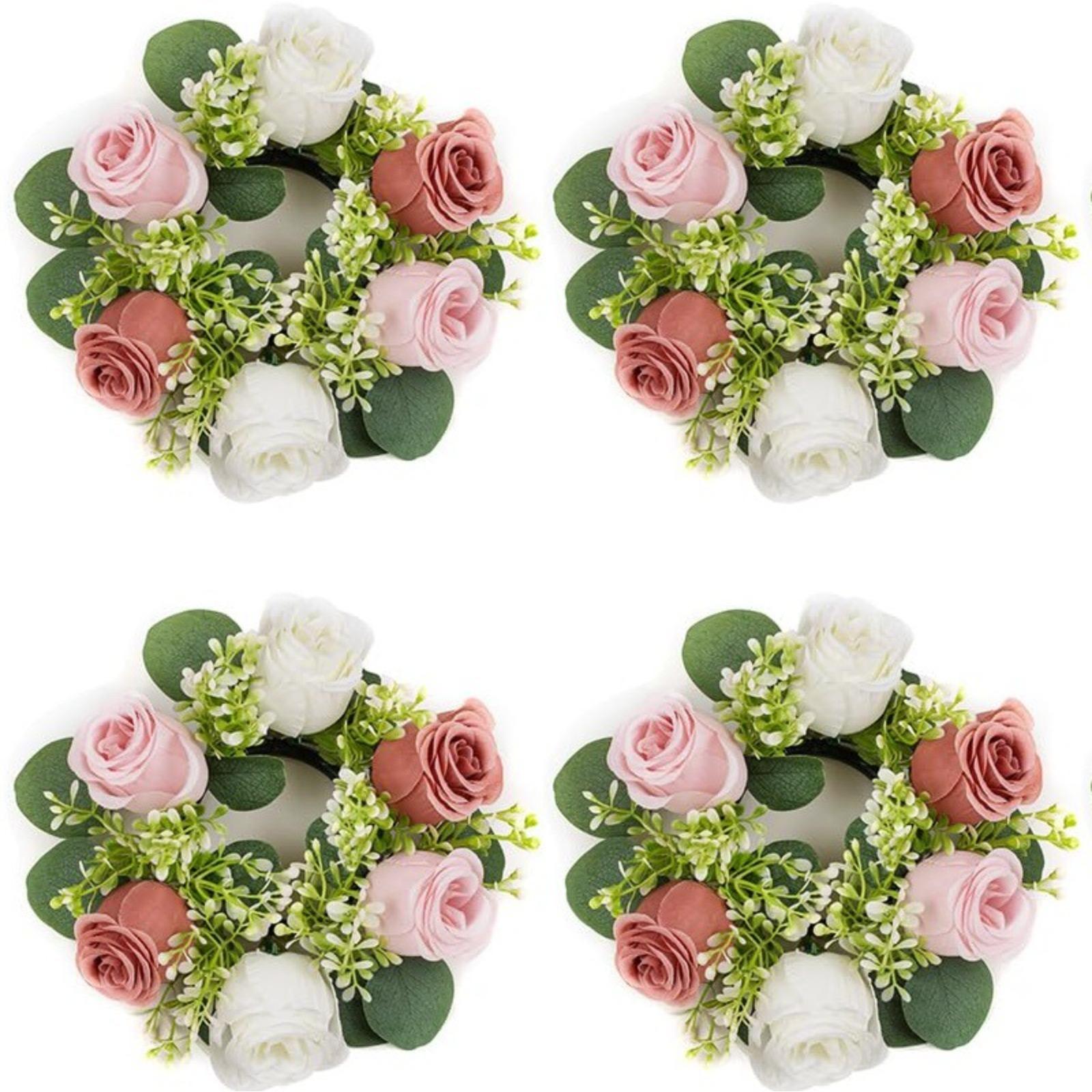 Artificial Flowers Candle Rings: 4 Pcs 14 Inch Diam Large Dusty Rose & White Roses Wreath Wedding Centerpieces for Tables Spring Summer Wreath for Front Door Weddings Party Ceremony Decor