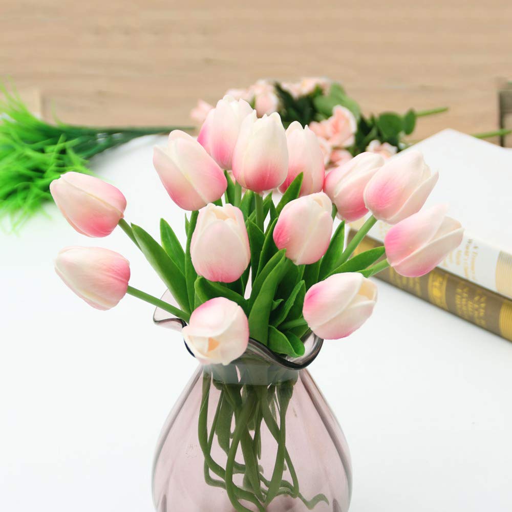 Artificial Tulips 24pcs Peach Cream | Table Centerpiece Home Decor Baby Shower Easter & Spring Floral Arrangement