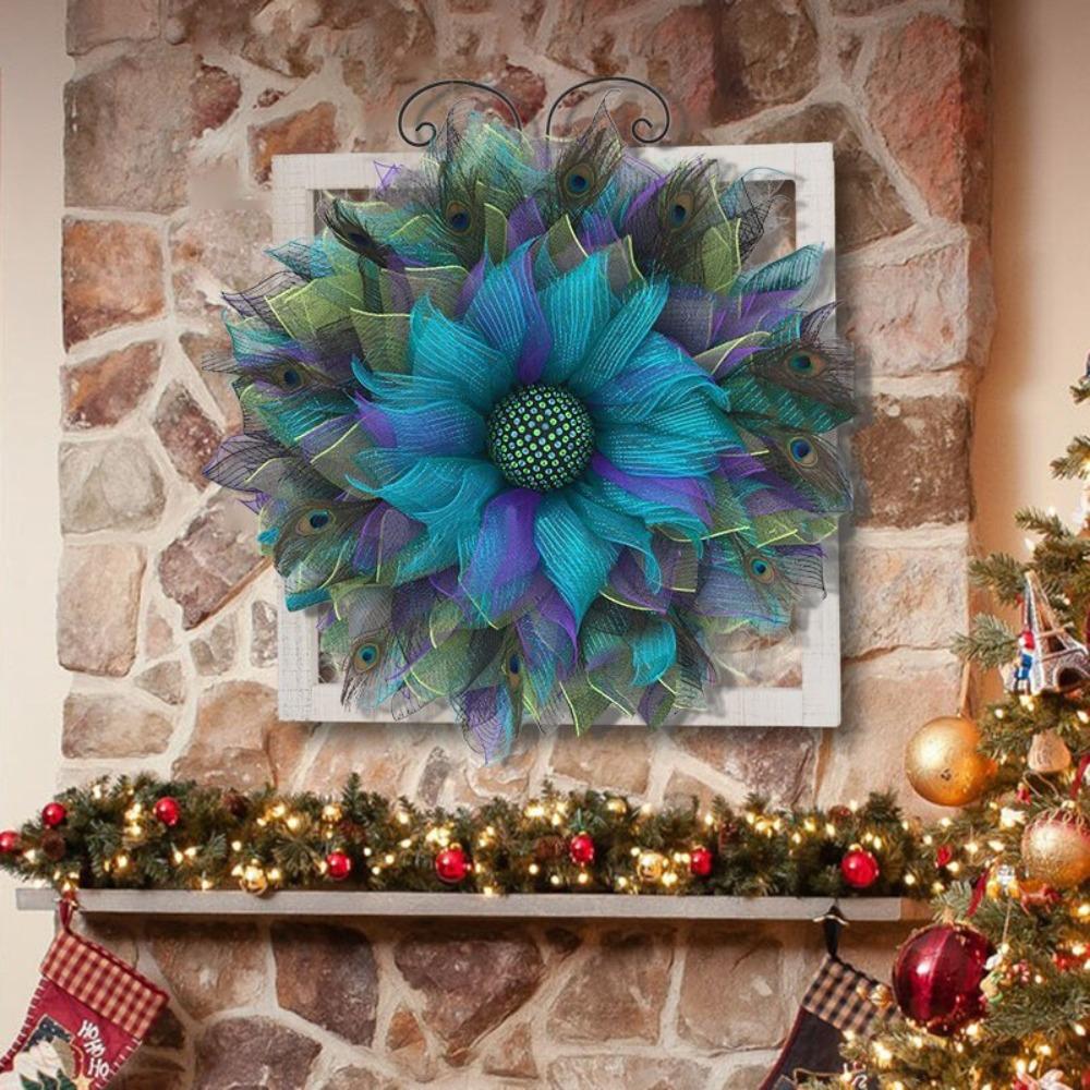 Blue Faux Plume Hanging Wreath | Rustic Boho Festival Ornament for Home Door Wall Wedding & Party Decor