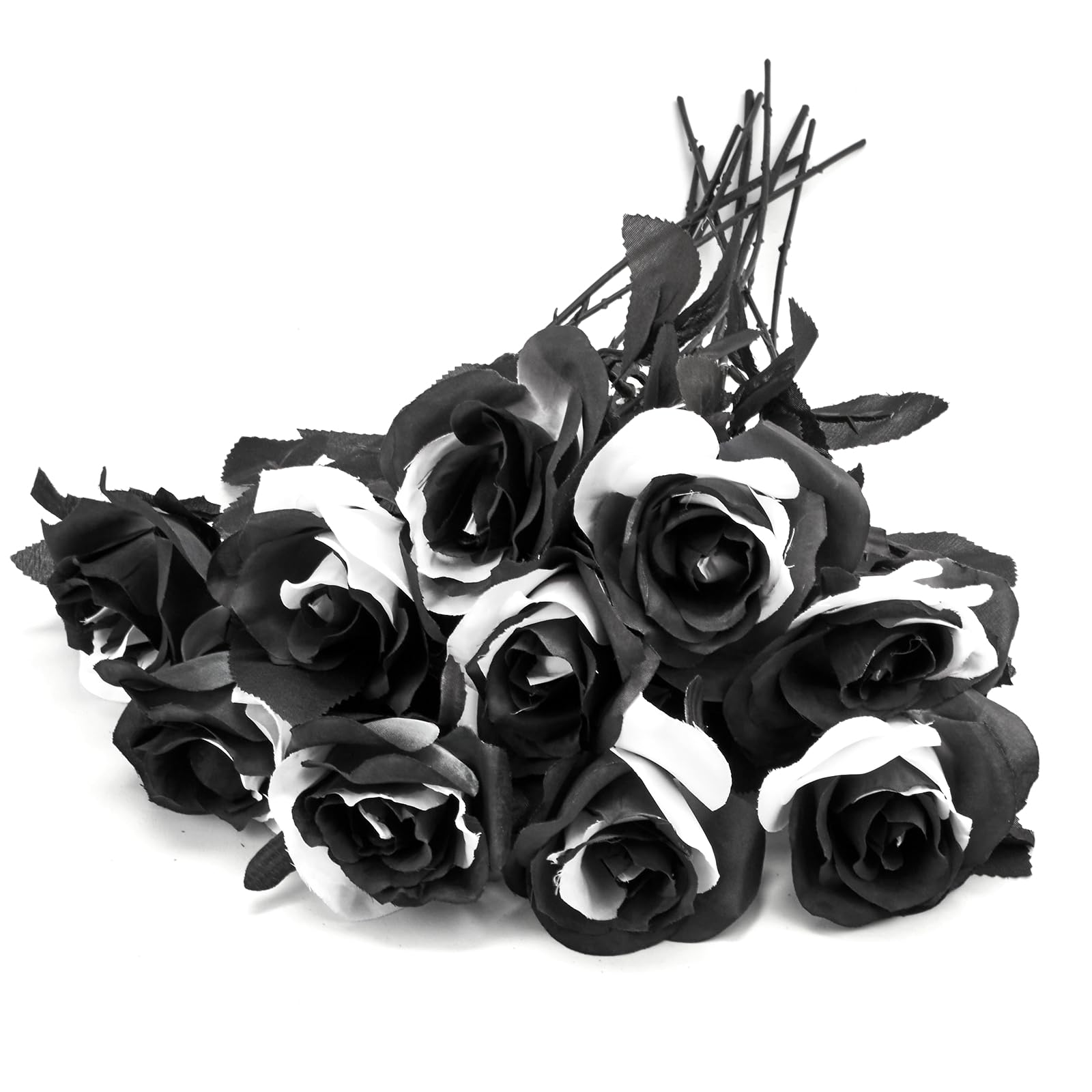 Black & White Artificial Roses with Stems | 10PCS Gothic Wedding Halloween Decor