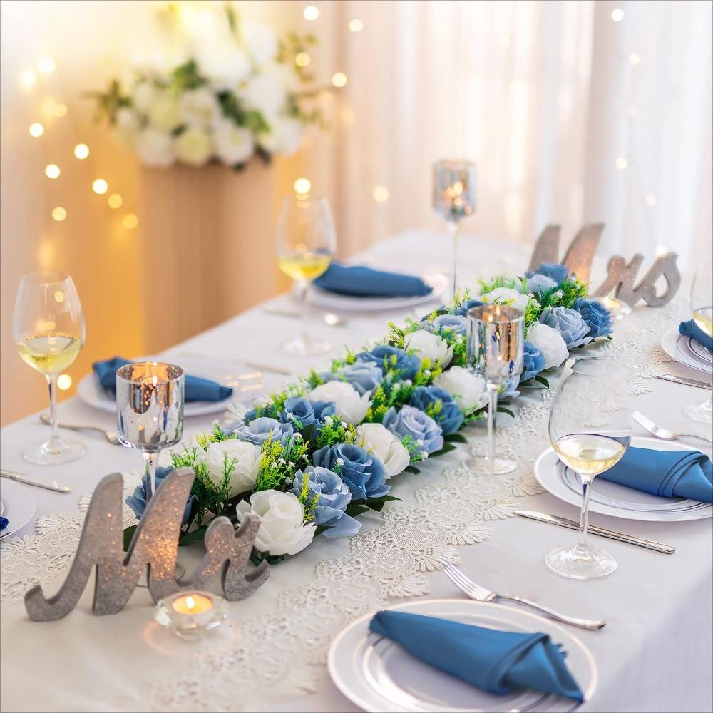 Artificial Long Rose Flower Centerpieces for Tables 2pcs | Wedding Reception Party & Dining Table Decor in Blue Wine Red White Red