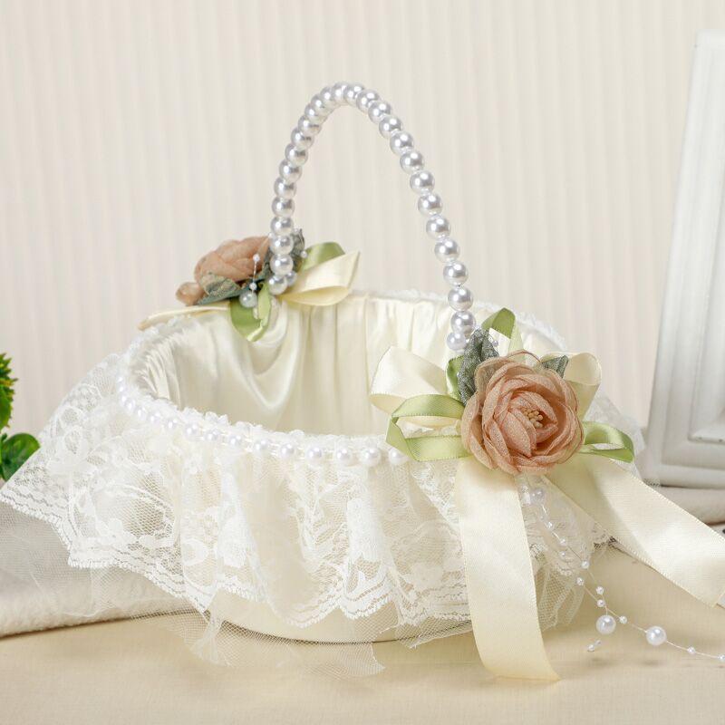 Wedding Flower Girl Basket with Pearl Handle | Satin Petal Basket for Wedding Ceremony Bridal Shower & Home Decor in Beige White