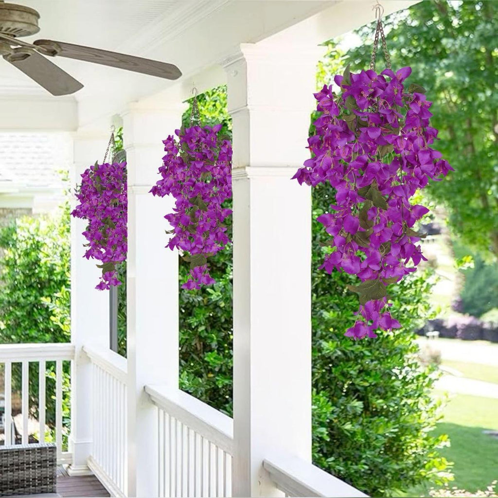 Artificial Bougainvillea Hanging Flowers 2pcs | UV Resistant Silk Vine for Garden Yard Porch Patio Wedding & Home Outdoor Decor in Pink Purple White Blue Orange