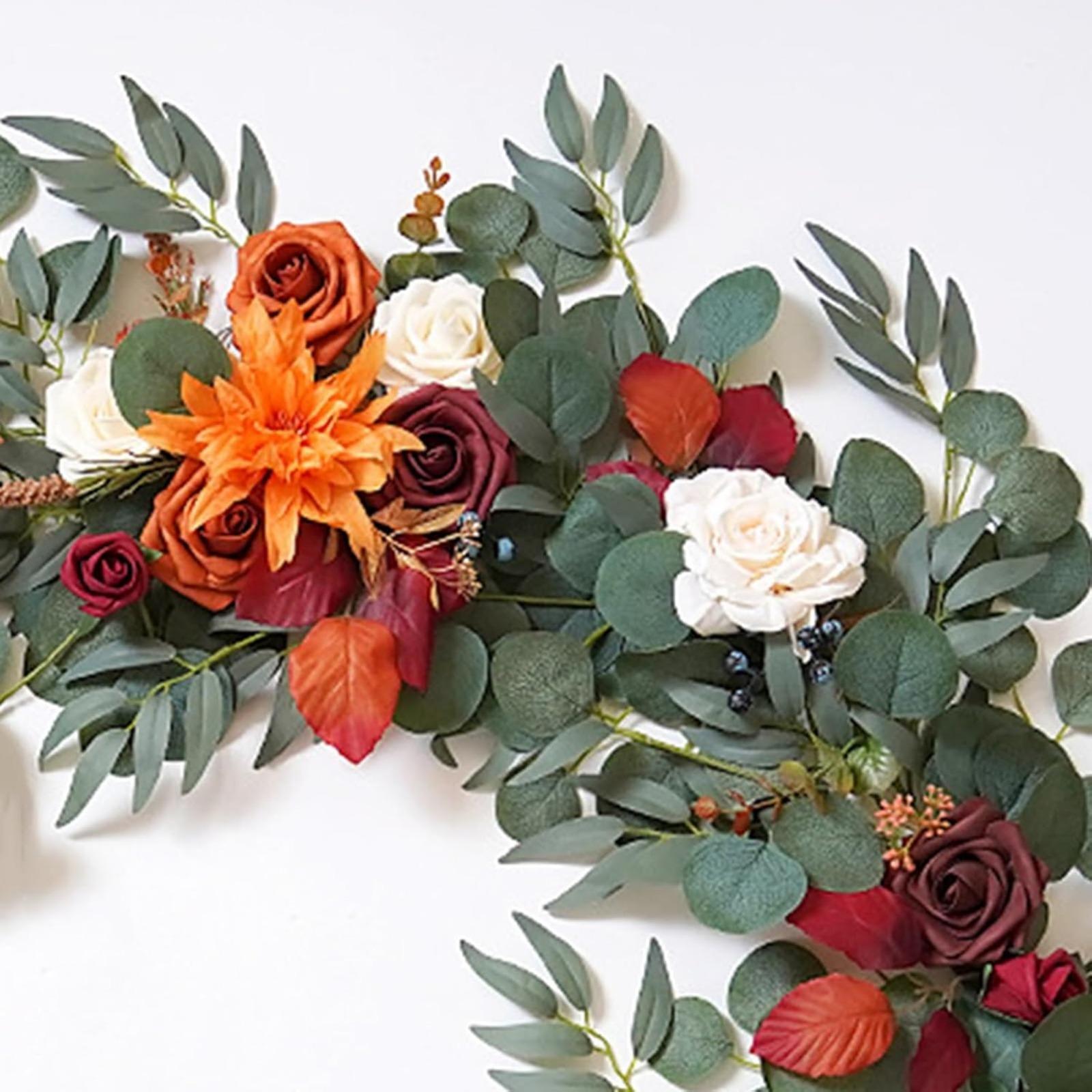 Artificial Eucalyptus Garland with Roses | Wedding Table Runner Backdrop Garden Party & Home Decor in Orange Wine Red Blue White Yellow