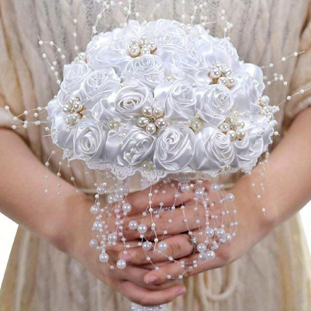 Luxury Rhinestone & Pearl Bridal Bouquet | Wedding Flowers for Bride & Bridesmaid in White & Pink