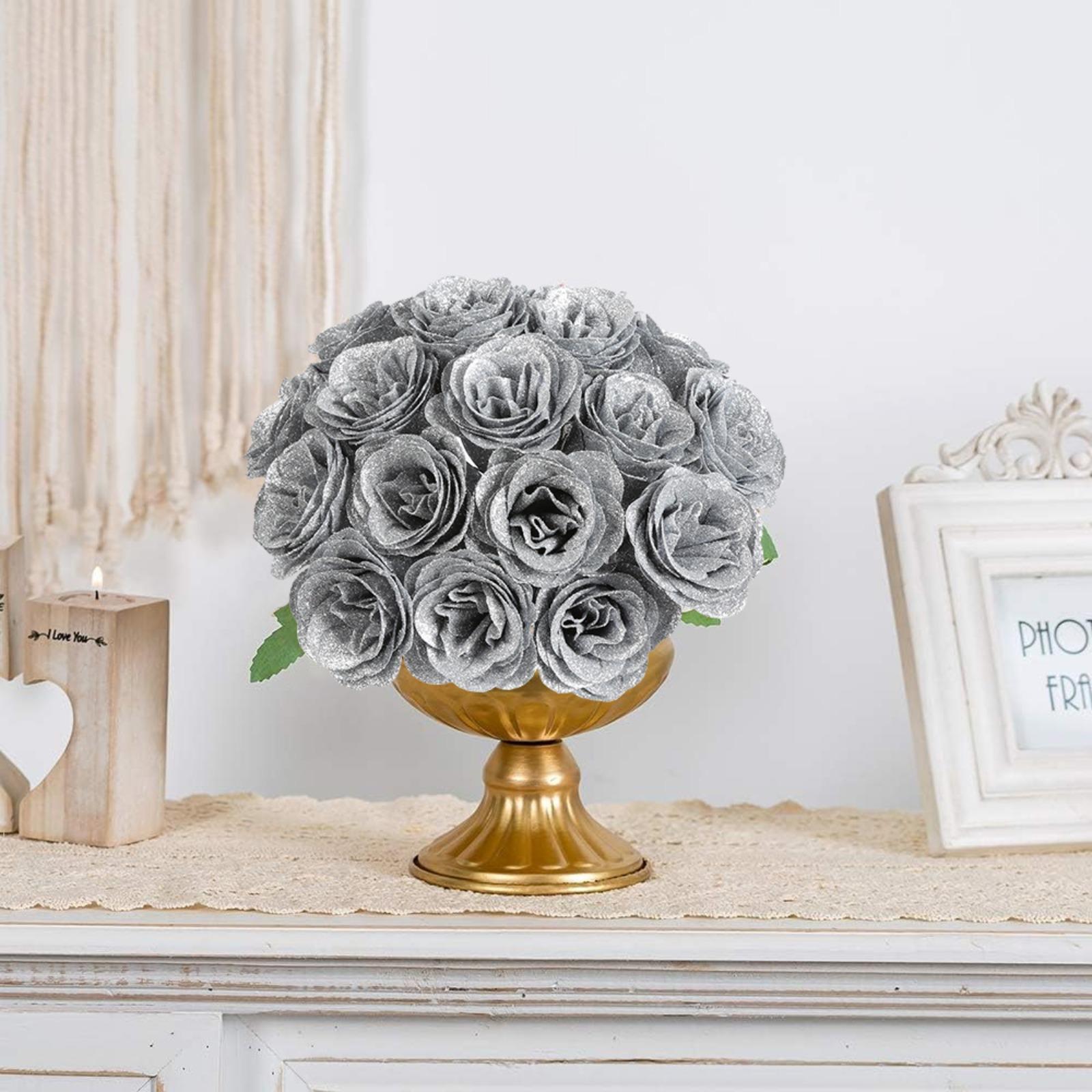Glitter Roses Bouquet with Stems 30pcs | Wedding Party Christmas & Home Decor in Gold Silver Pink Purple 16 Colors