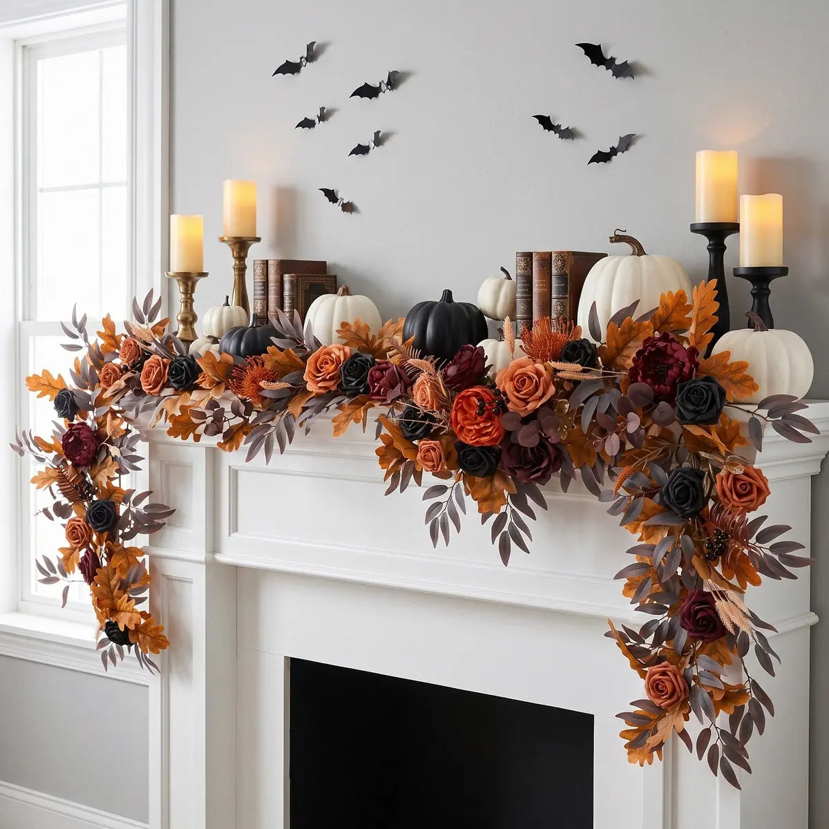 5.9FT artificial fall garland with eucalyptus and floral accents decorating staircase and mantel