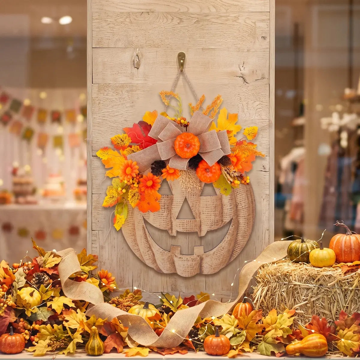 Burlap pumpkin wreath with orange flowers, autumn leaves, berries and pinecones displayed on a front door for fall harvest decor