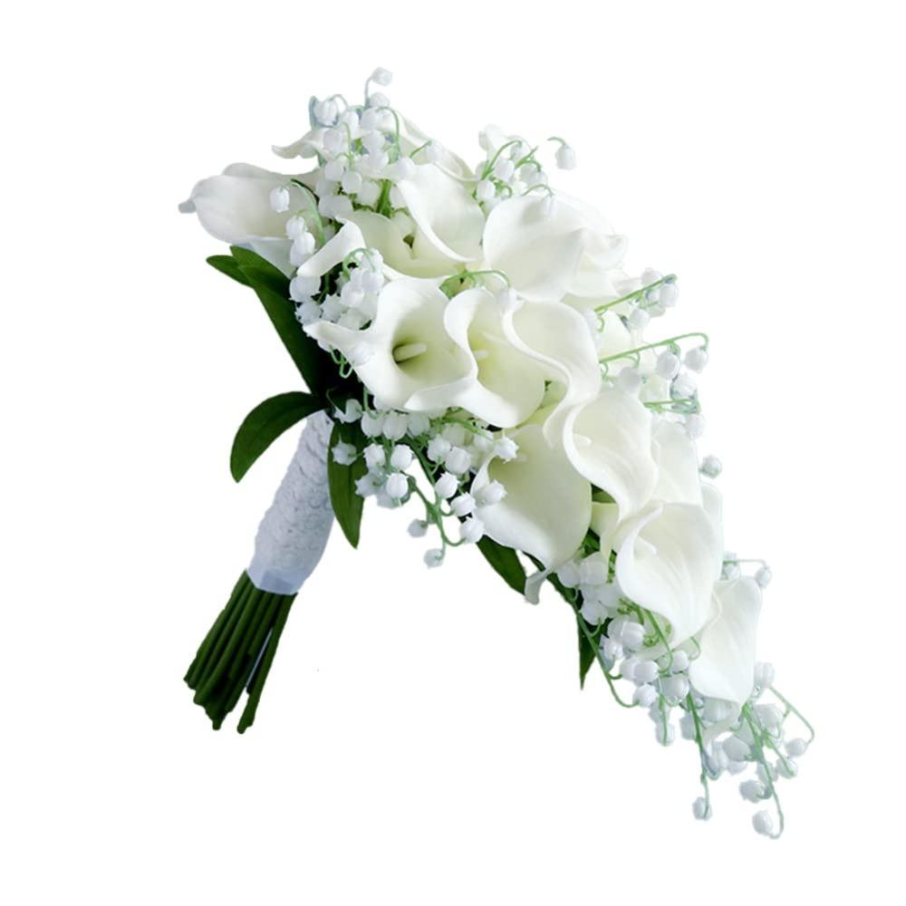 Bride White Burgundy Calla Lily Rose Fake Flowers Wedding Bouquets Artificial Flowers Water Drop Bridal Bouquet for Wedding Bridal Shower Ceremony Anniversary Decor