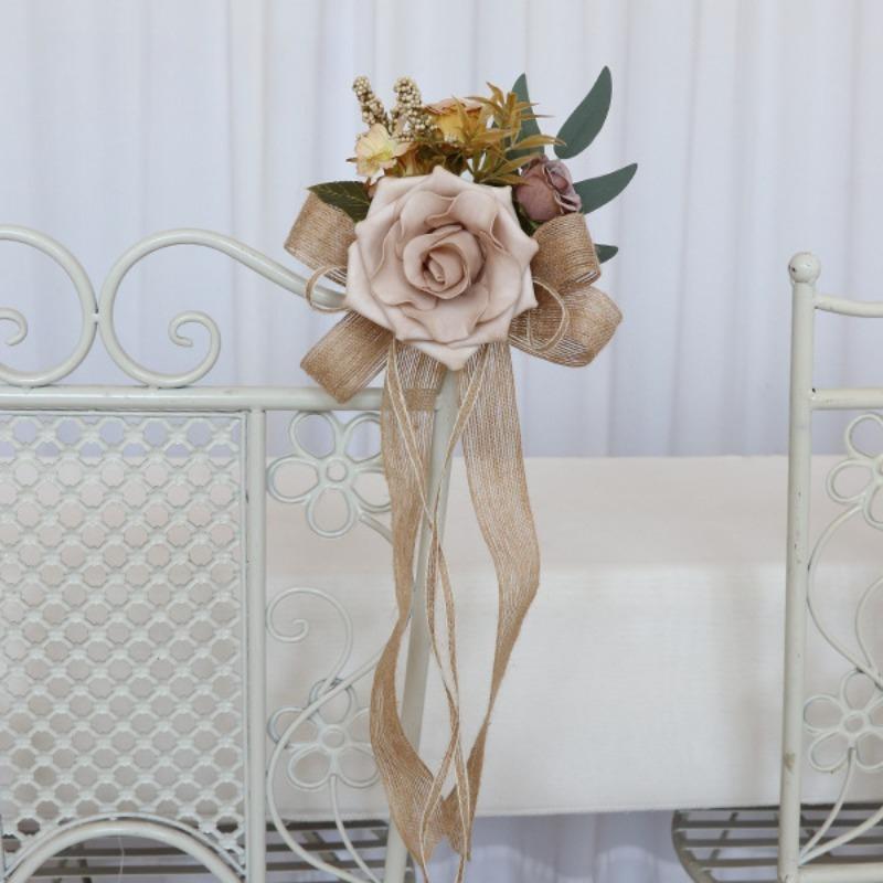 Artificial Flower Pew Decorations 2pcs with Eucalyptus and Ribbons | Wedding Aisle Church Chair Ceremony & Party Decor in White Champagne Pink Orange Blue Red