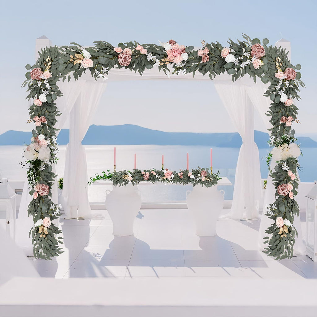 Artificial Eucalyptus Willow Leaf Garland with White Flowers | Wedding Table Runner Backdrop Party & Home Decor in Orange Red Blue White