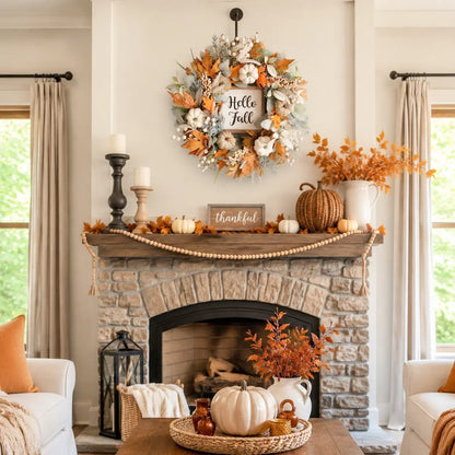 Thanksgiving fall wreath with eucalyptus and pumpkins styled on a fireplace mantel with candles and autumn home decor