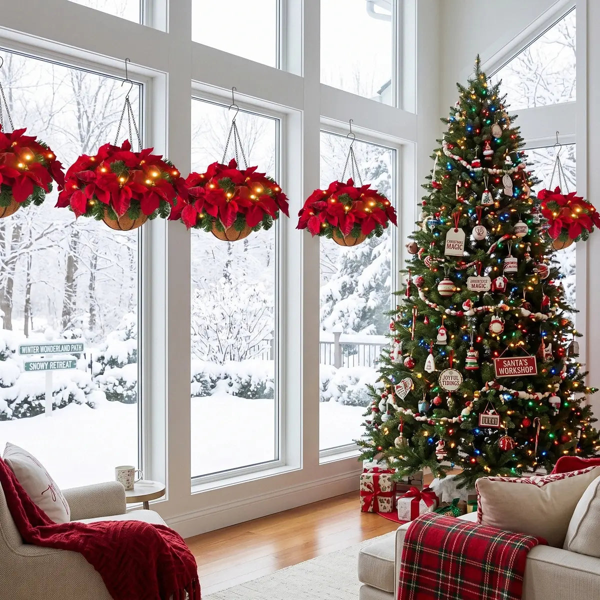 Christmas Pre-Lit Poinsettia Hanging Flower Basket Suspended Indoors Near Window – Holiday Decor
