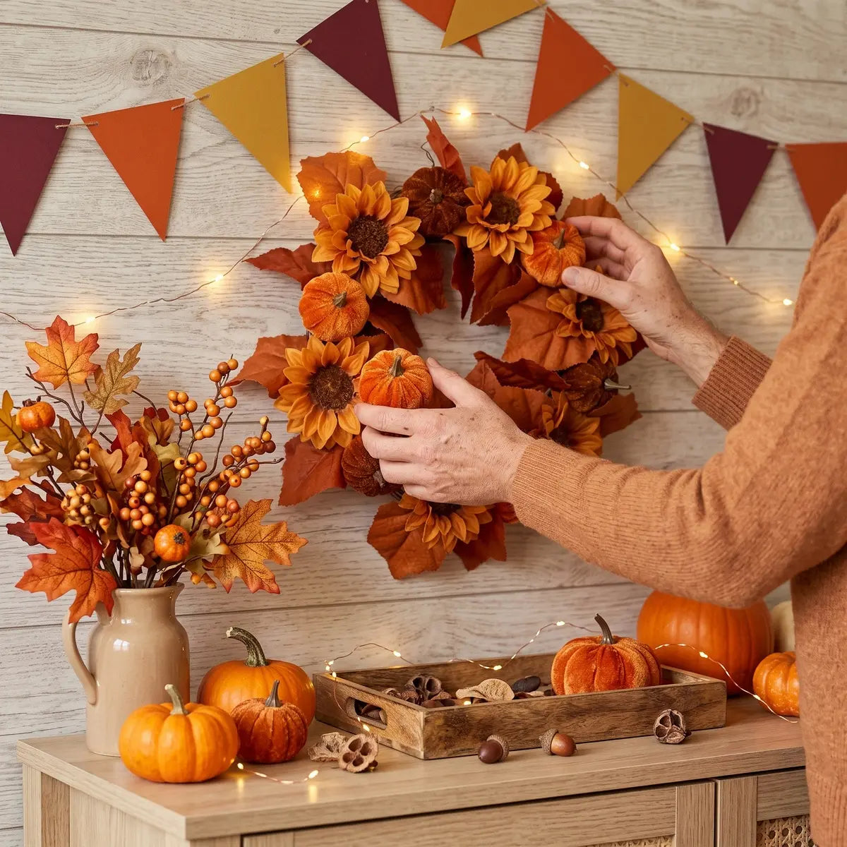 Person arranging a 17.7'' artificial sunflower fall wreath with orange maple leaves for front door harvest decor
