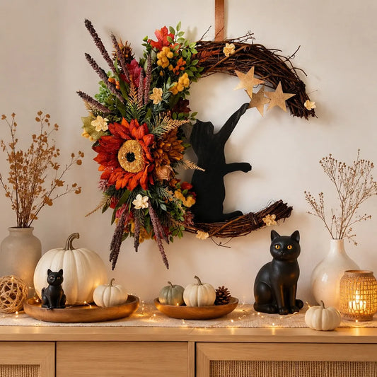 Halloween moon cat wreath with sunflower, red fall florals and star accents, displayed on wall above a sideboard styled with white pumpkins, black cat figurines and fairy lights