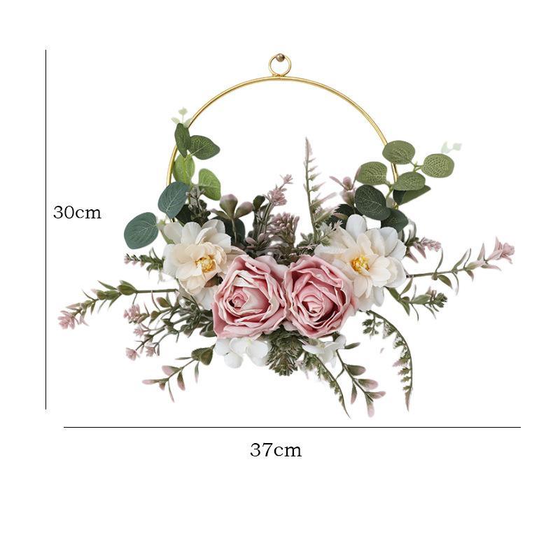 Iron Rose Wreath Simulation Flower Wall Hanging Basket | Home Door Entryway Wedding Decor in Pink White