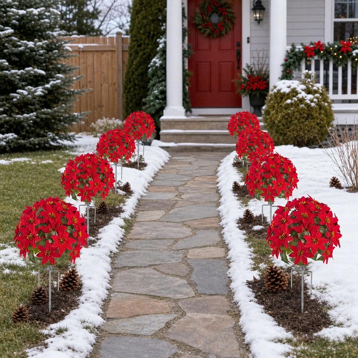 Artificial red poinsettia ball stakes decorating walkway for Christmas – IPOPU
