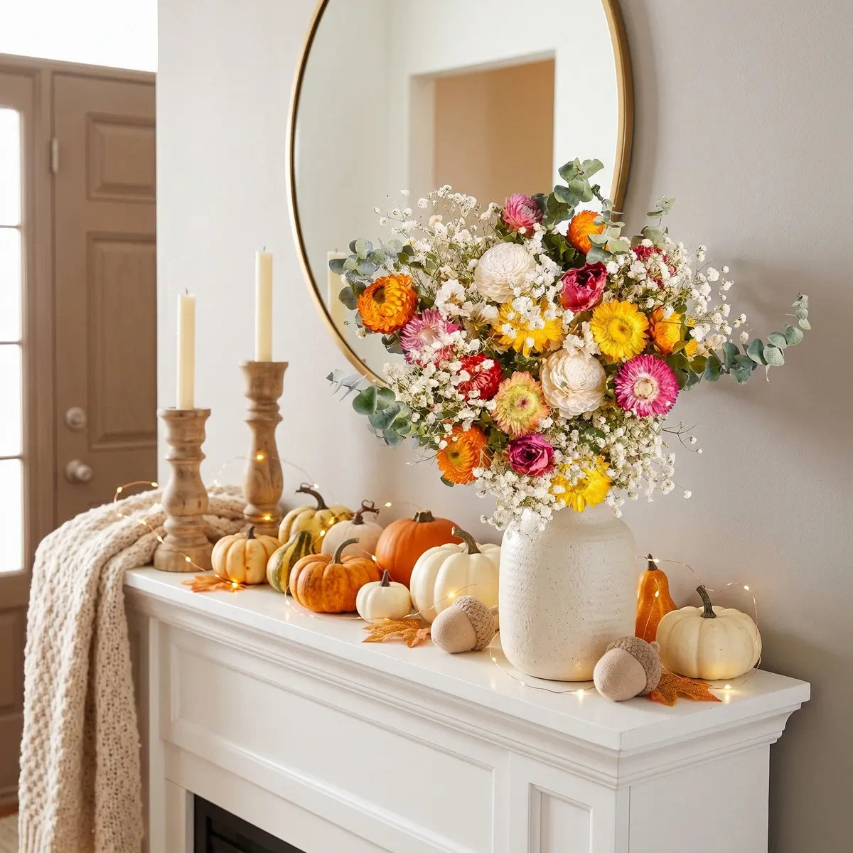 Natural dried flower bouquet in white vase on wooden entryway console table with rattan basket, boho home decor