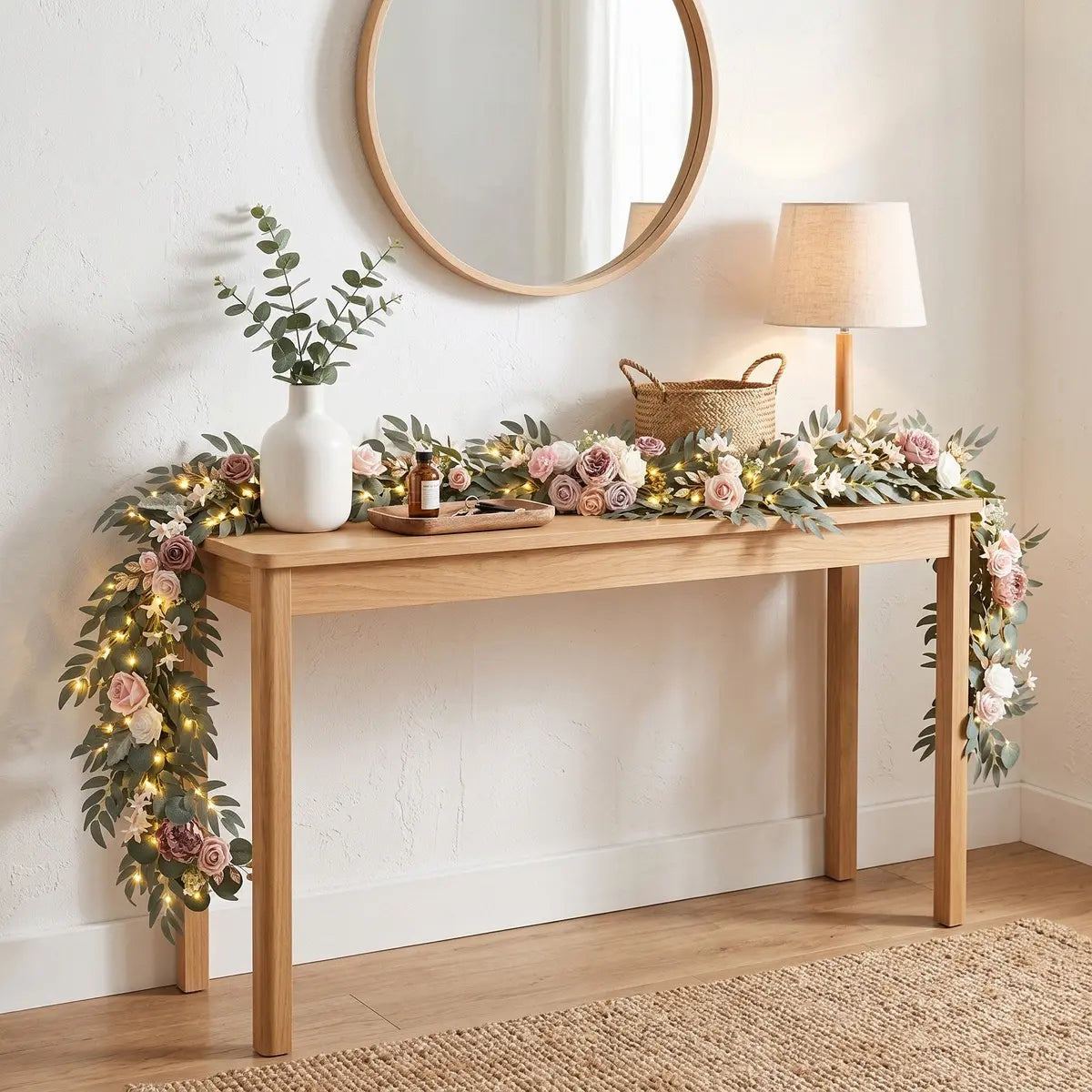 Artificial mauve dusty pink ivory rose eucalyptus garland with warm LED lights draped over natural wood console table in bright home entryway – IPOPU