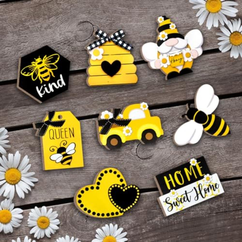 Farmhouse Tiered Tray Decoration Set | Bumble Bee Gnome Honey Truck & Hive Wooden Signs for Rustic Home Decor